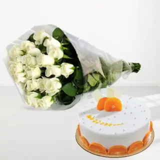 Bunch of 15 white roses with orange cool cake 