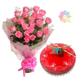 Bunch of 20 pink roses with 1 kg strawberry fresh cream cake 