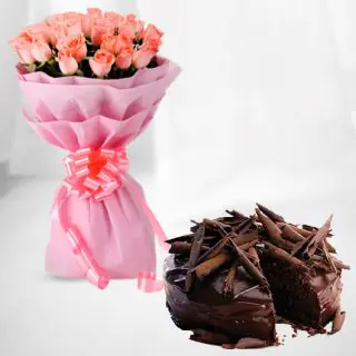 Bunch of 20 pink roses with premium quality chocolate truffle cake 