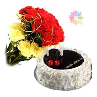 Bunch of 20 red and yellow carnations with 1 pound chocovanilla cake