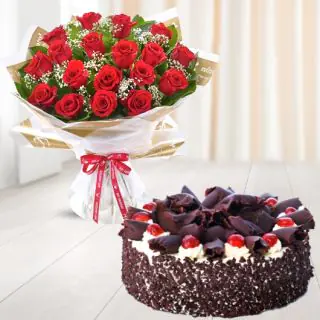 Bunch of 20 red roses with  chocolate black forest cake