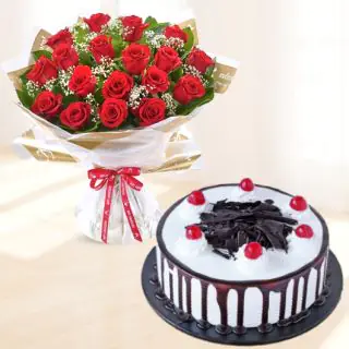Bunch of 20 red roses with black forest cool cake 