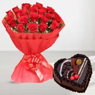 Bunch of 20 red roses with heart shape chocolate cake 