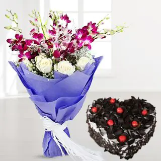 Bunch of 5 orchids with 10 roses with heart shape black forest cool cake 