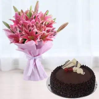 Bunch of 5 pink asiatic lilies with choco chips premium quality cake 