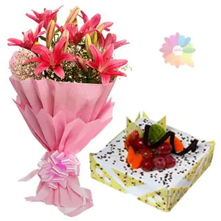 Bunch of 5 pink asiatic lilies with 1 pound fresh cream pineapple cake with exotic fruits topping  