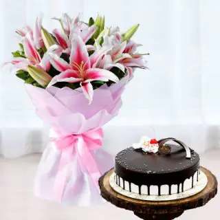 Bunch of 5 pink oriental lilies with choco vanilla cool cake 