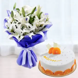 Bunch of 5 white lilies with orange cool cake 
