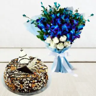 Bunch of 8 blue orchids with dry fruit cool cake 