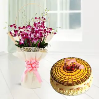Bunch of 8 lavender orchids with butterscotch cool cake 