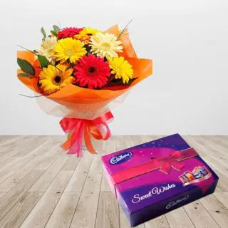 Bunch of 8 mix colour gerberas with box of celebration chocolates 