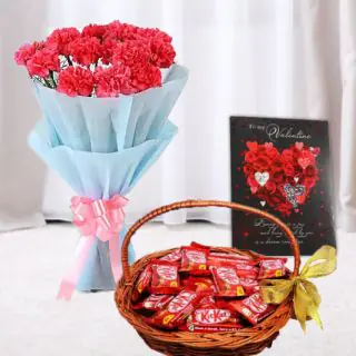 Bunch of 8 pink carnations, basket of kitkat chocolates, valentine greeting card 