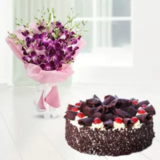 Bunch of 8 purple orchids with chocolate black forest cake 