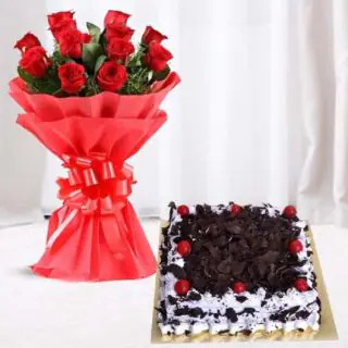 Bunch of 8 red roses with black forest cool cake  