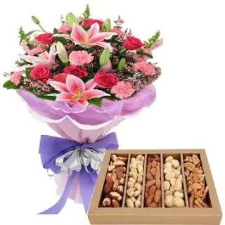 bunch of mix flowers with Assorted Dry fruits