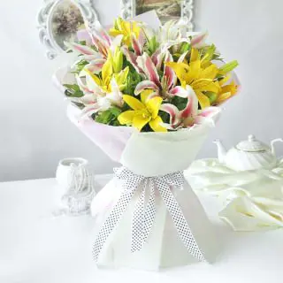 Bunch of yellow and pink lilies 
