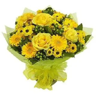 bunch of yellow gerberas with yellow Roses