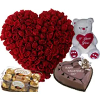 100 Red Roses Heart Shape arrangement with 6 inch Teddy,16 Pcs rocher ferrero Chocolates,1kg heart shape cake