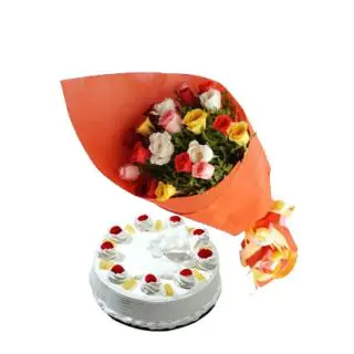 Bunch of 12 mix roses with special packing & 1 pound yummy pineapple cake