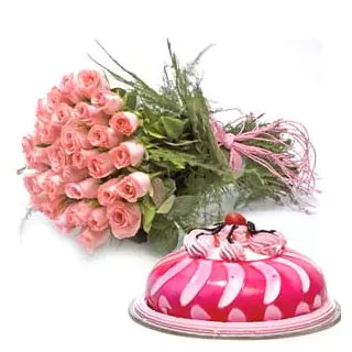 Bunch of 40 pink roses with 1 kg strawberry cake