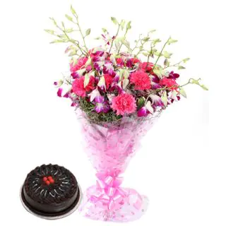 12 carnations with 12 lavender norchids with 1 pound chocolate truffle cake 