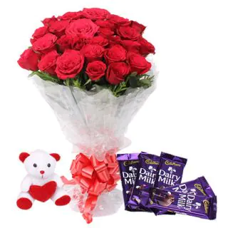 Bunch of 15 red rose with 6 inch cute teddy & 5 dairy milk chocolates