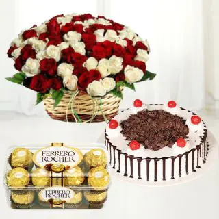 50 mix roses in Glass Vase 16 pcs Ferrero Rocher chocolate 