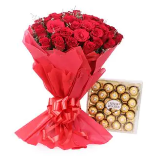 Bunch of 50 red roses with special packing & 24 pcs ferero rocher chocolate box