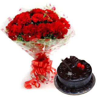 Bunch of 15 red carnations with 1 pound chocolate fantasy cake