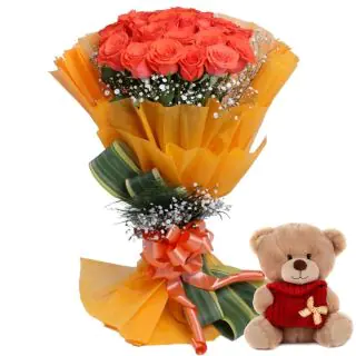 30 orange roses in bunch with 8 inch teddy bear
