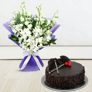 Exotic hand bouquet of 10 white orchids with choco chips cake 