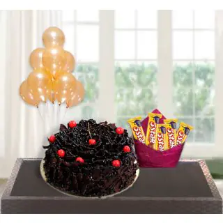  chocolate fantasy cake with pack of  five 5 star chocolates with bunch of 5 blown balloons 