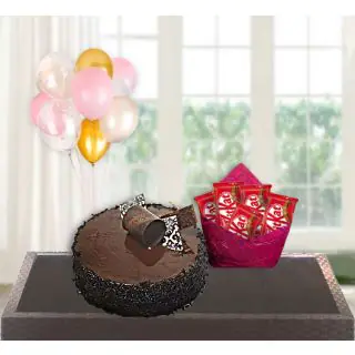  chocolate truffle cake with pack of 5 kitkat chocolates with bunch of 5 blown balloons 