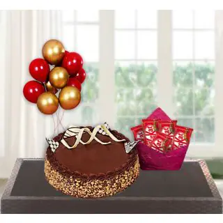  chocolate walnut cake with pack of 5 kitkat chocolates with bunch of 5 blown balloons 