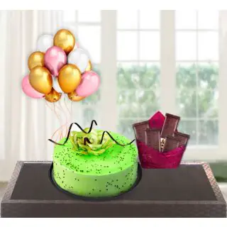  kiwi cool cake with pack of 5 temptations with bunch of 5 blown balloons 