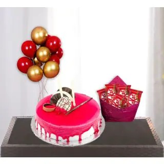  strawberry cool cake with bunch of 5 blown balloons with pack of 5 kitkat chocolates 