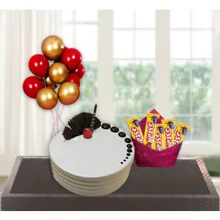  vanilla cool cake with pack of Five 5 star chocolates with bunch of 5 blown balloons 