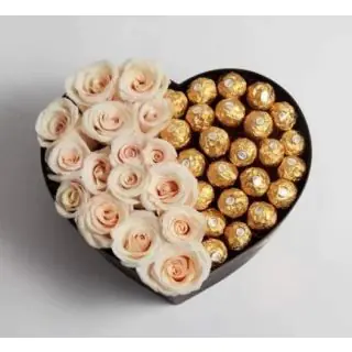 Heart shape arrangement of 15 white roses, with 16 pcs rocher ferrero chocolates 