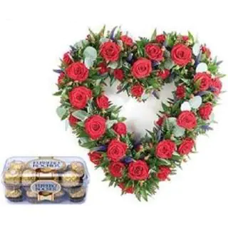 Heart shape Arrangement of 30 roses with ferrero rocher chocolates
