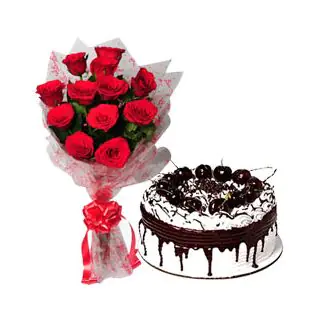 1 pound Black Forest cake with 15 Red Roses