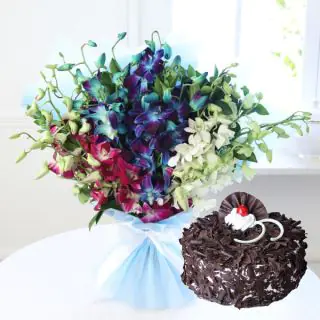 10 orchids in glass vase with 1 pound chocolate pastry
