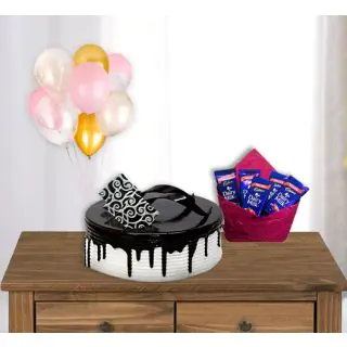 Pack of 5 dairy milk chocolates with bunch of 10 blown balloons with choco vanilla cake 