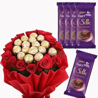 BEautiful bouquet of 15 red roses with 16 pcs rocher ferrero in centre, with pack of 5 dairy milk silk 