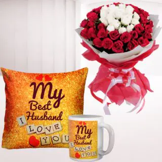 Set of Photo Cushion and photo mug with 25 red and white roses bouquet 