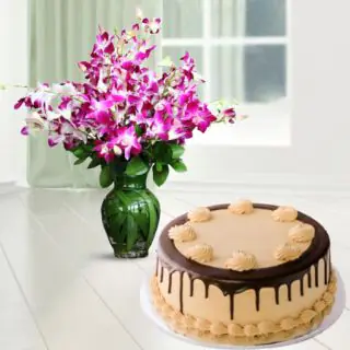 Vase Arrangement of 10 lavender orchids with chocolate cake 