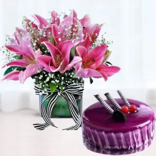 Vase Arrangement of 10 pink lilies with black currant premium quality cake 