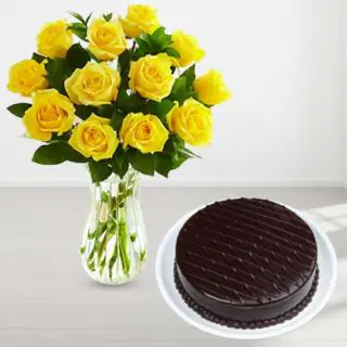 Vase arrangement of 10 yellow  roses with chocolate cake 