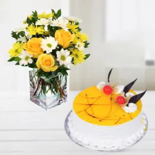 Vase arrangement of 12 mix flowers with pineapple cake 