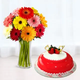 Vase arrangement of 15 mix colour gerberas with strawberry cool cake 