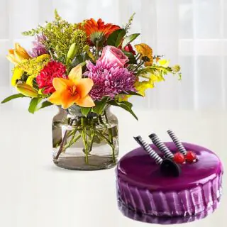 Vase arrangement of 15 mix flowers with black currant cake 